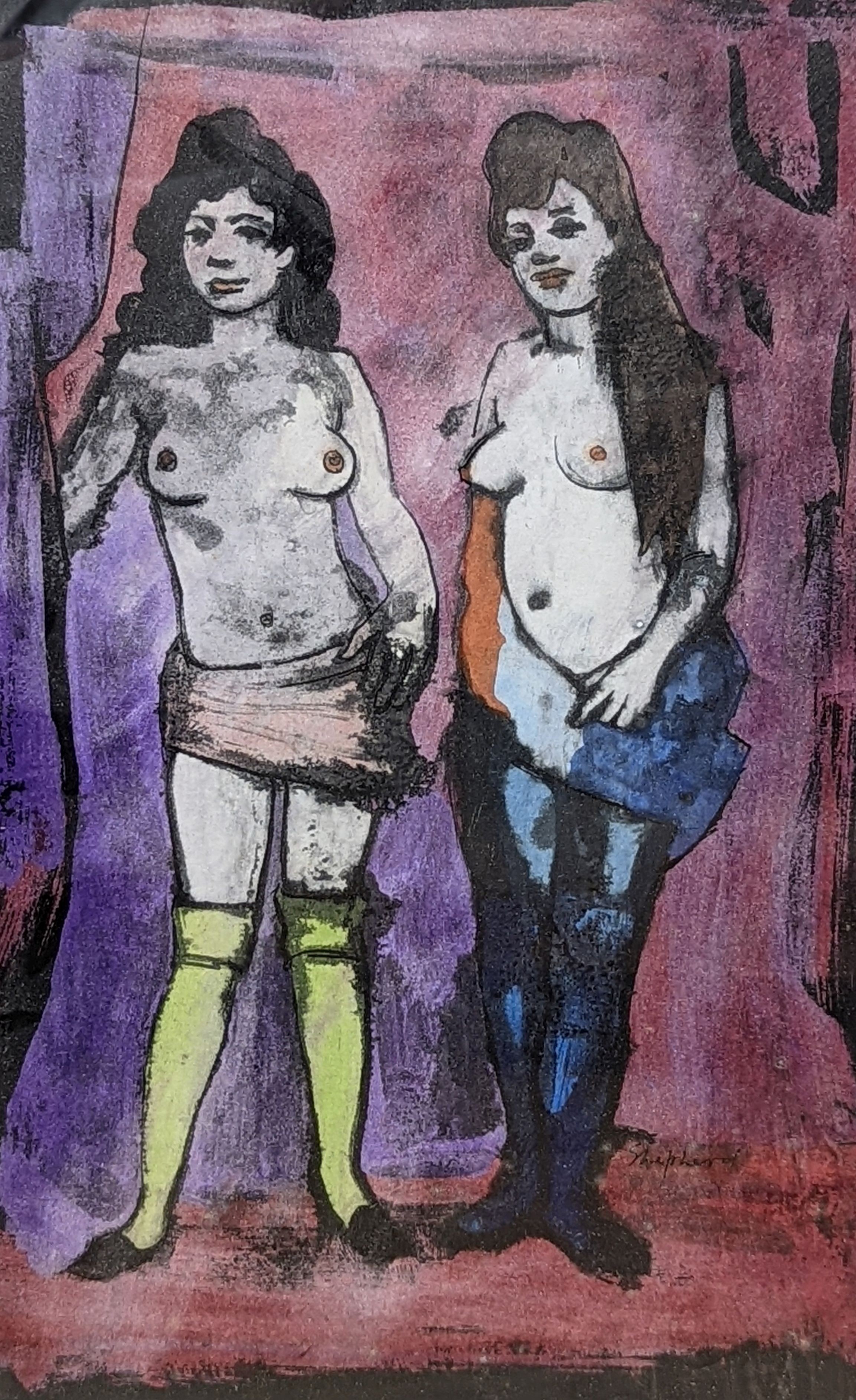 Sidney d'Horne Shepherd (1903-1993), ink and watercolour, Two standing women, signed, 32 x 20cm